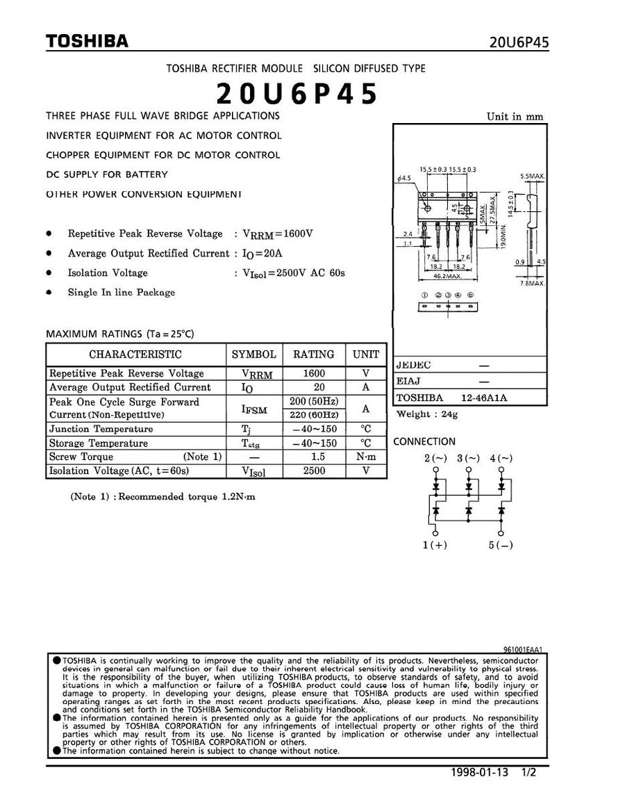 20U6P45 Toshiba Diode & Rectifier Modules