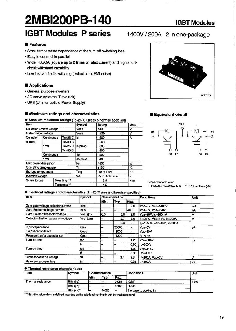 2MBI200PB-140, Fuji, IGBT Power Transistor Module