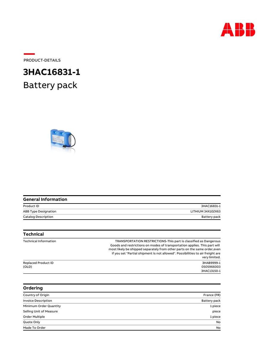 3HAC-16831-1, ABB, Lithium Battery Pack