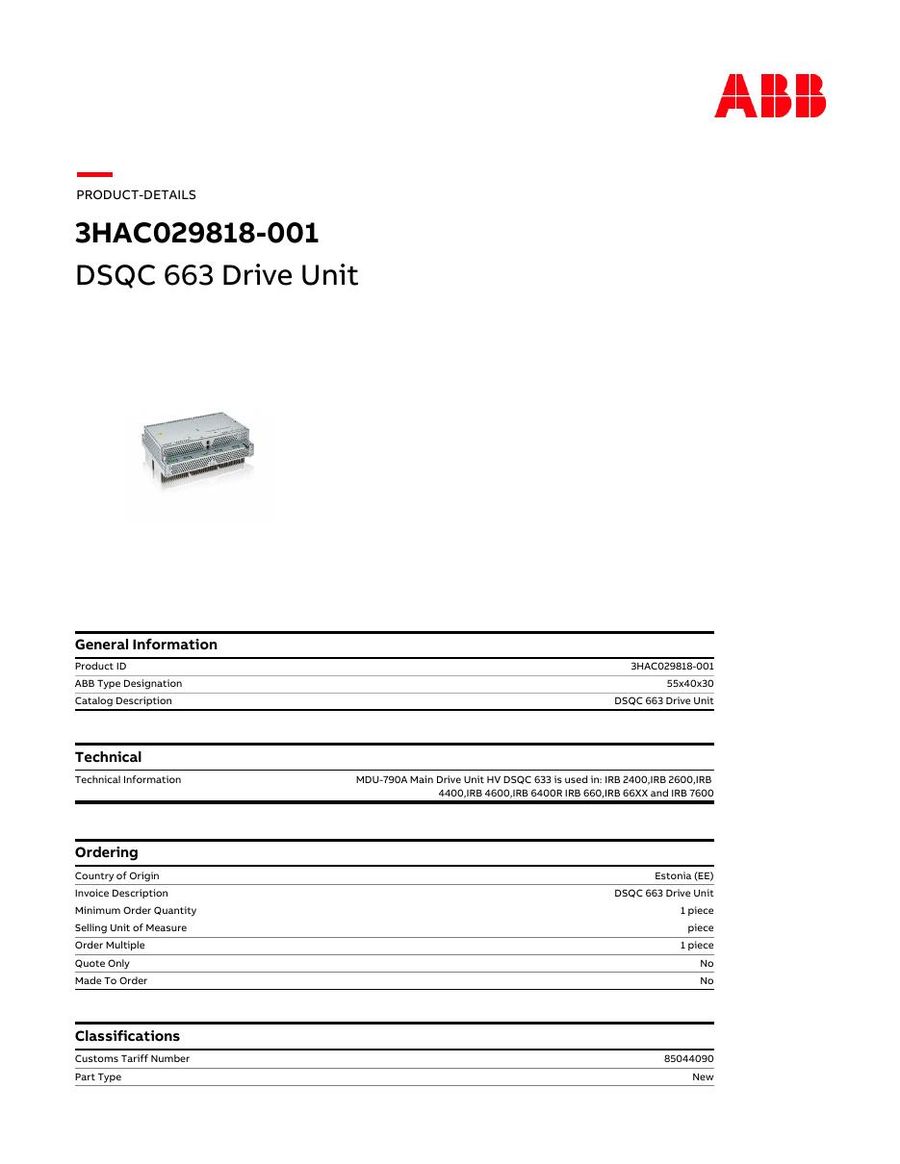 3HAC029818-001, ABB, DSQC 663 Drive Unit