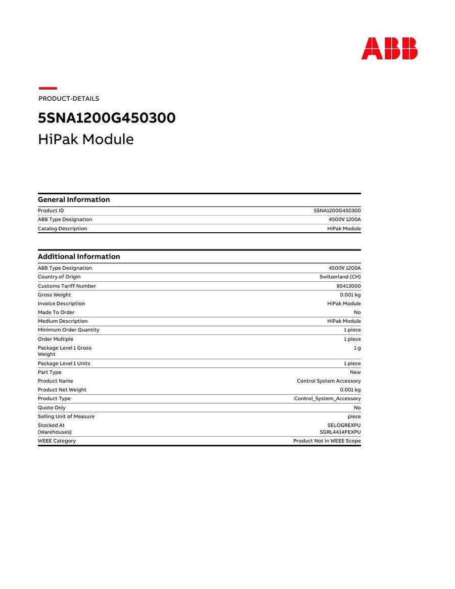 5SNA1200G450300 ABB IGBT Modules