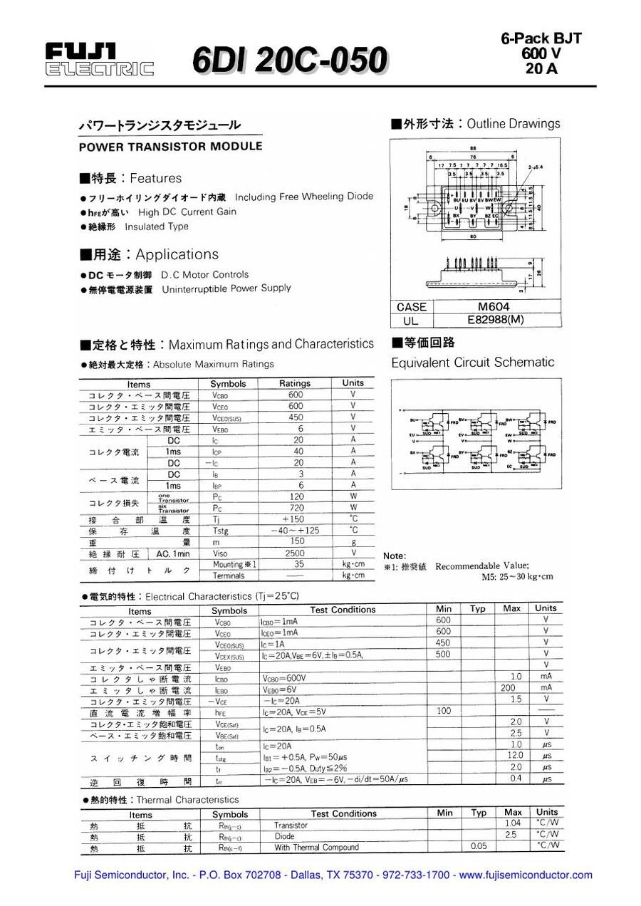 6DI20B-050 Fuji Electric Darlington / Bipolar Transistor Modules