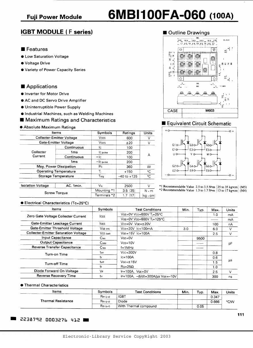 6MBI100FA-060 Fuji Electric IGBT Modules