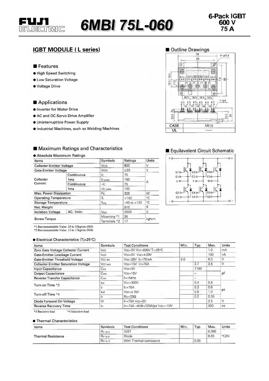 6MBI75L-060, Fuji, IGBT Power Transistor Modules