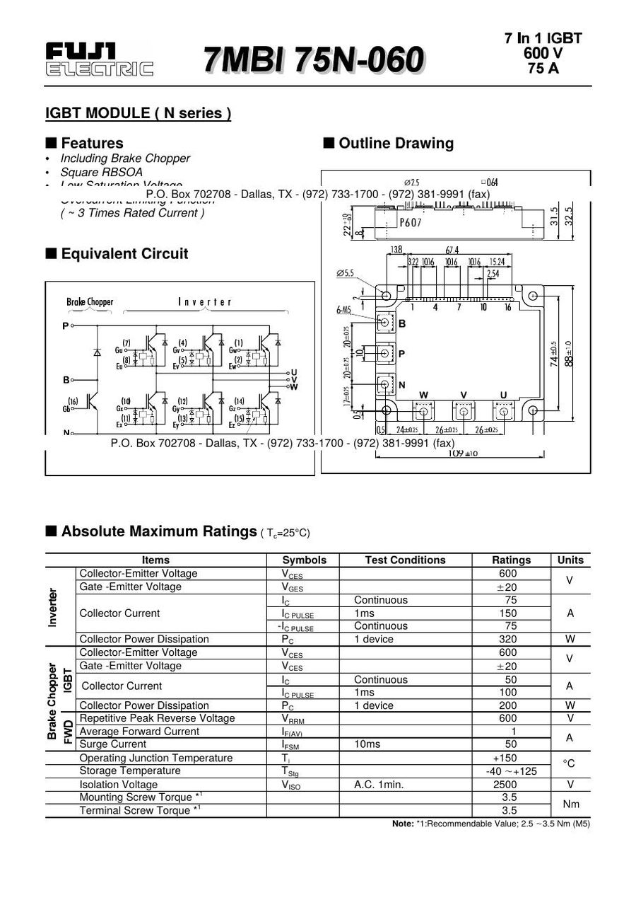 7MBI75N-060-10 Fuji Electric IGBT Modules