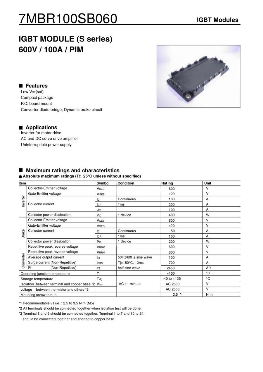 7MBR100SB060-70 Fuji Electric IGBT Modules