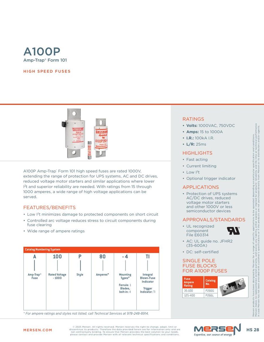 A100P100-4 Mersen (Ferraz Shawmut) Fuses & Circuit Protection