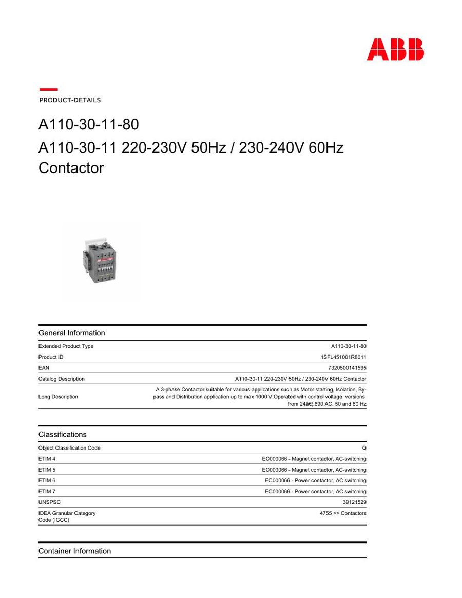 A110-30-11, ABB, 3-phase Contactor