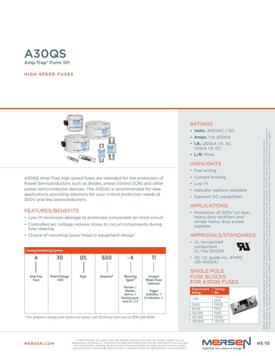 A30QS500-4 Mersen (Ferraz Shawmut) Fuses & Circuit Protection