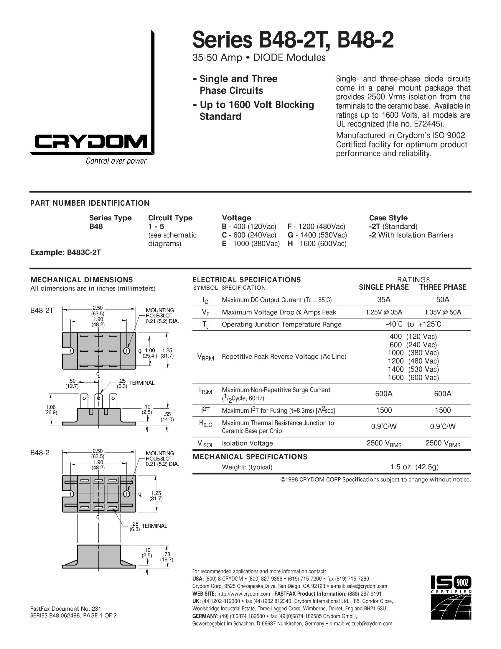 B485G-2T Crydom Solid State Relays & I/O Modules