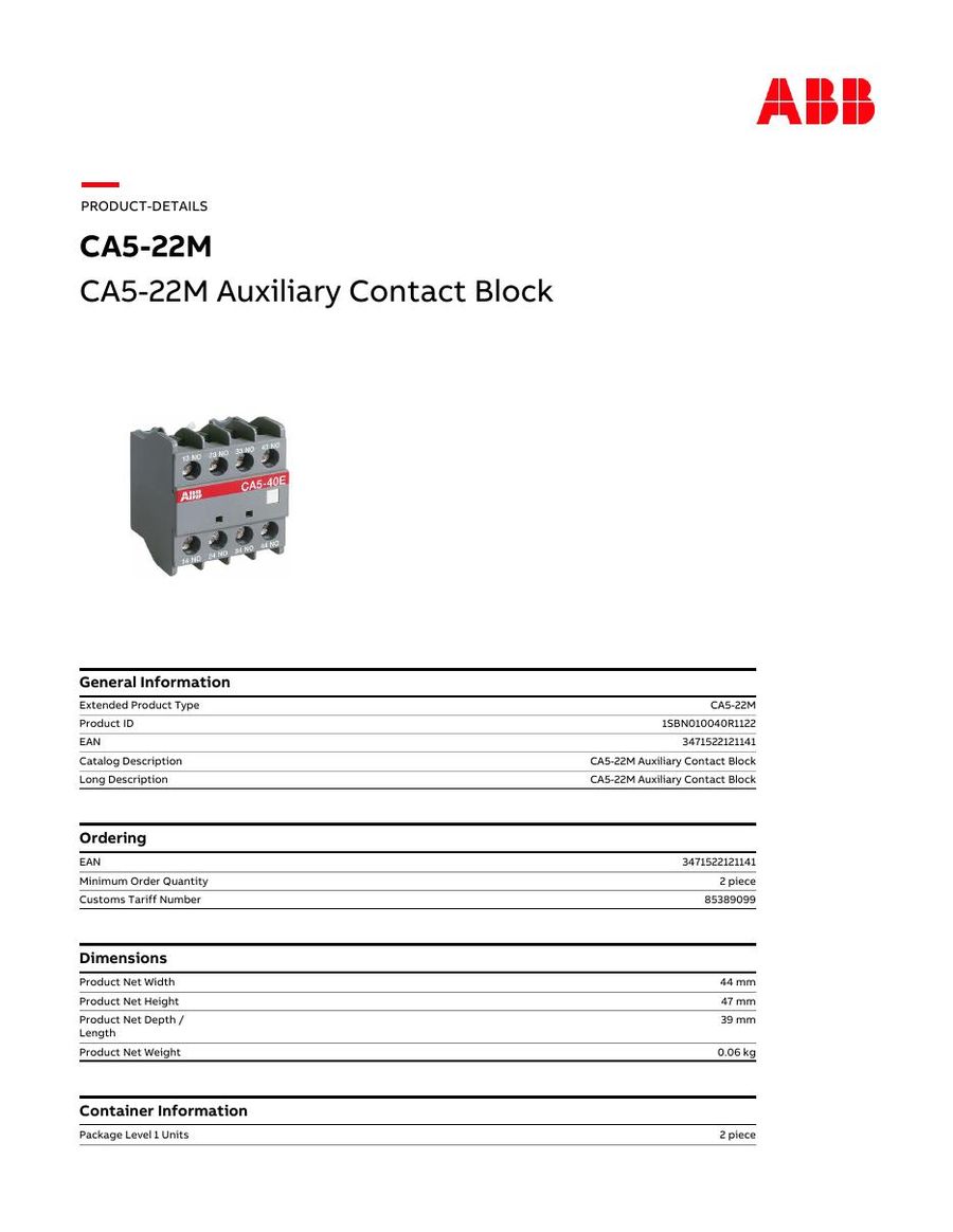 CA7-22M, ABB, Auxiliary Contact Block