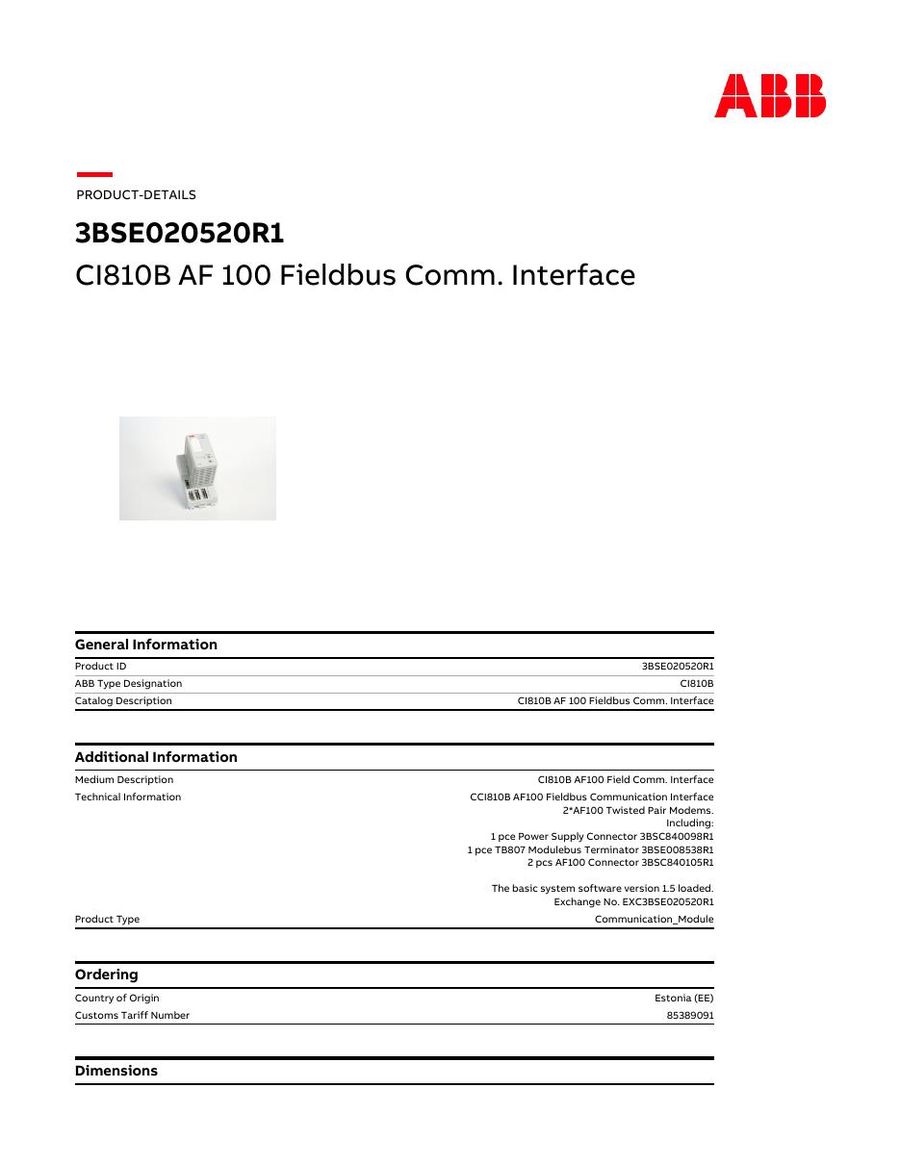 CI810B-3BSE020520R1, ABB, Fieldbus Communication Interface