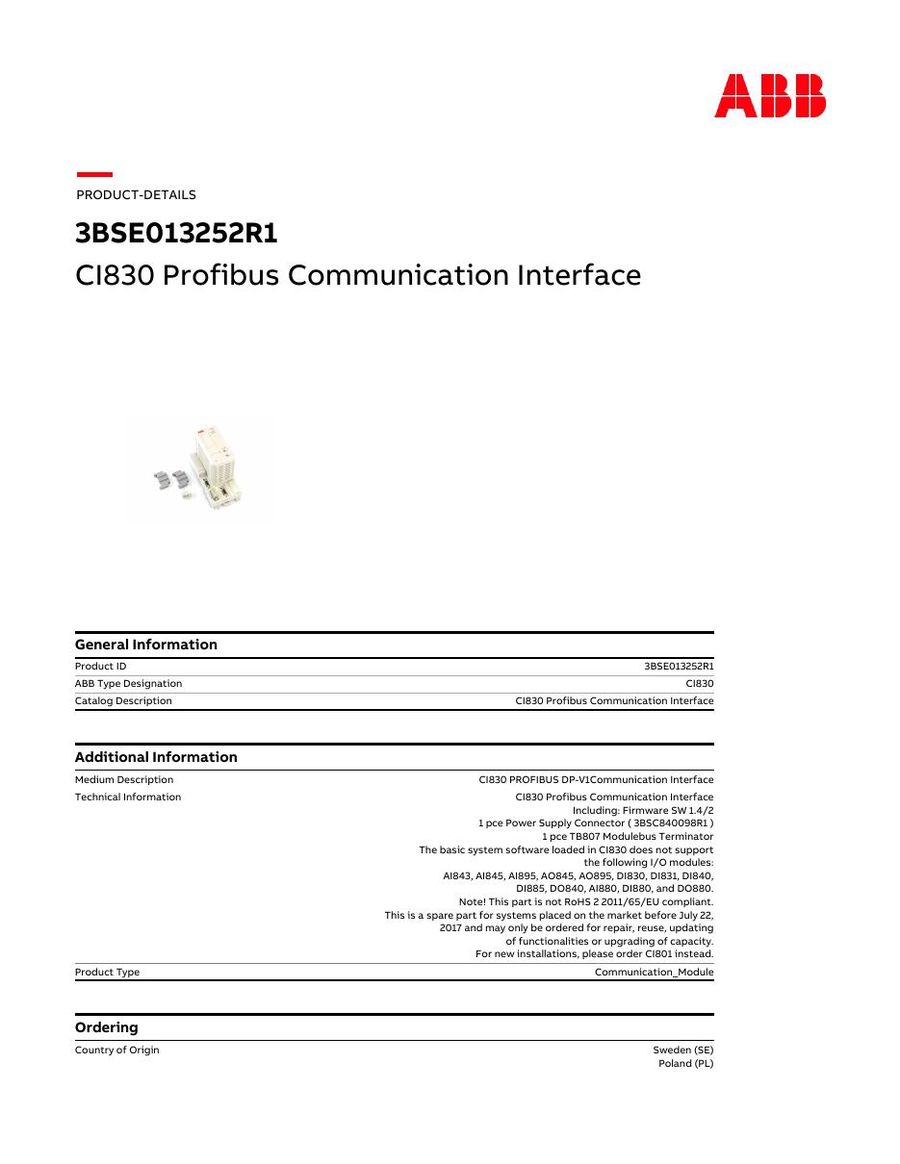CI830, ABB, Profibus Communication Interface