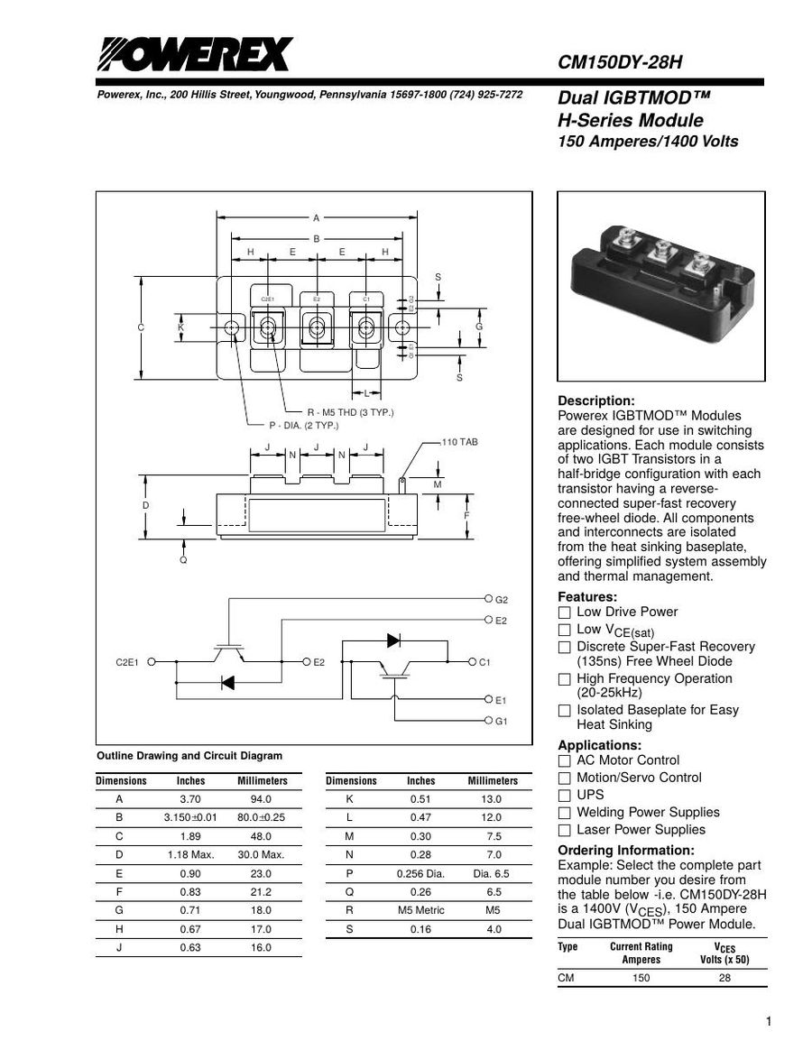 CM150DY-28H, Mitsubishi, Power Transistor Module
