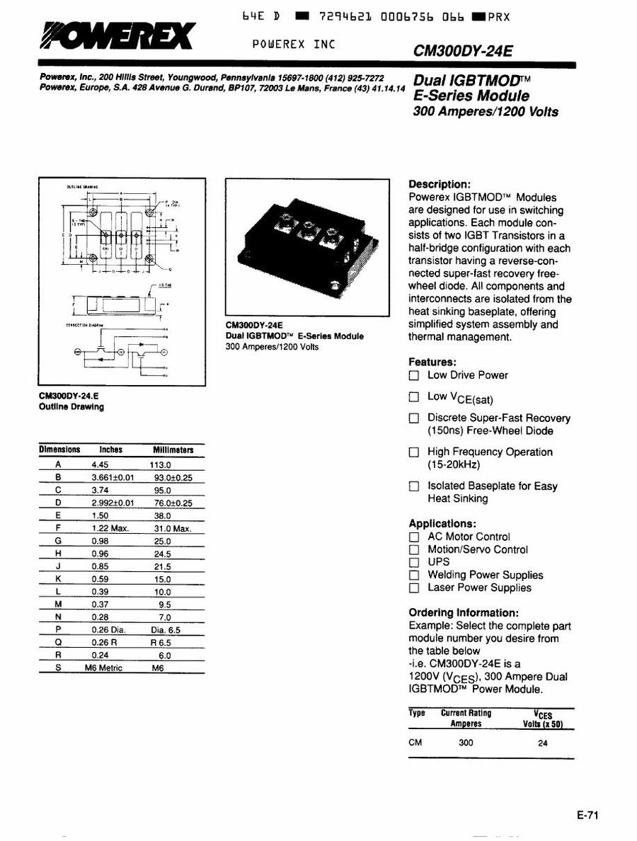 CM300DY-24E IGBT POWER TRANSISTOR MODULE from Mitsubishi
