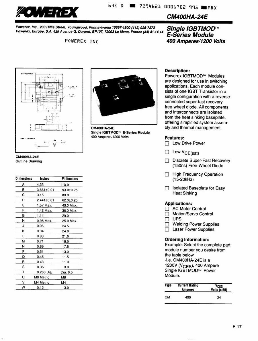 CM300HA-24E, Mitsubishi, Power Transistor Module
