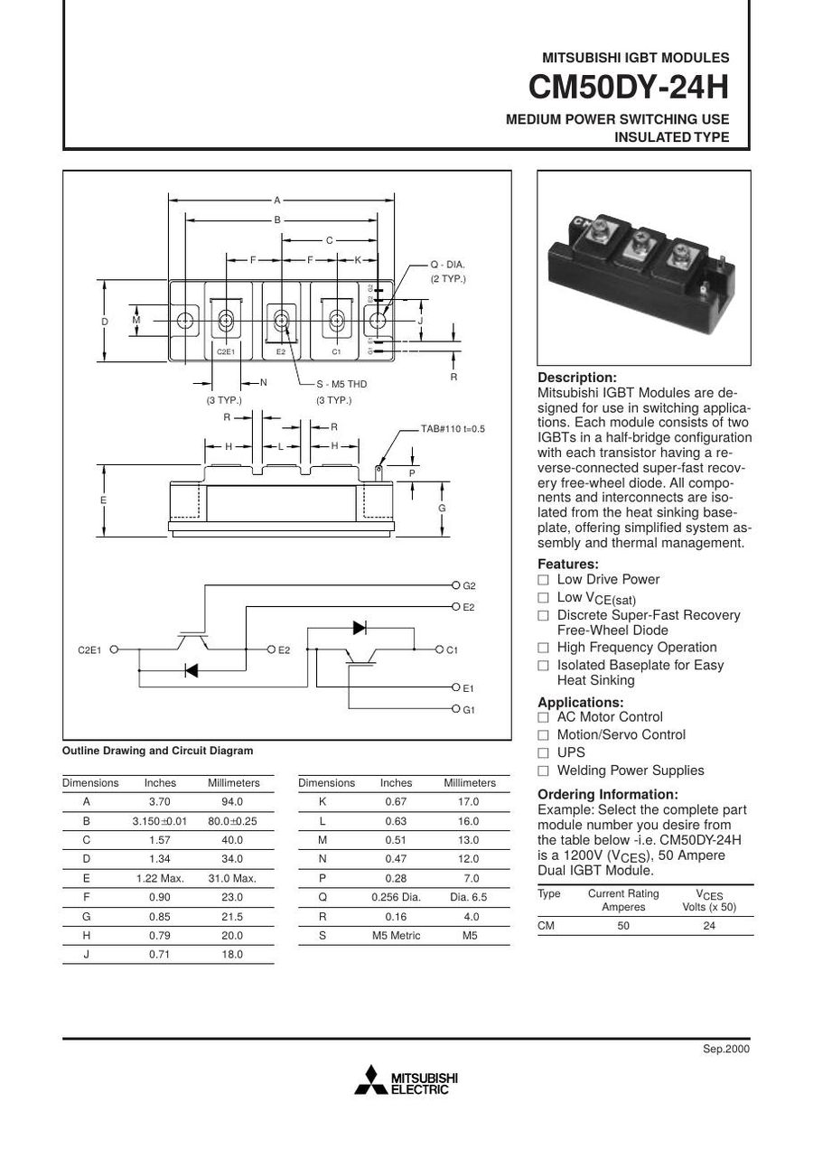 CM50DY-24H, MITSUBISHI, Medium Power Switching Use Insulated Type IGBT Module