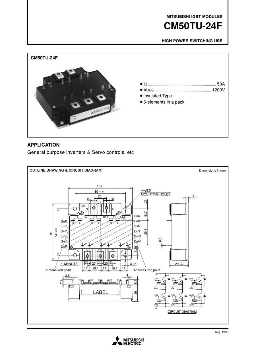 CM50TU-24F, MITSUBISHI, High Power Switching Use IGBT Module