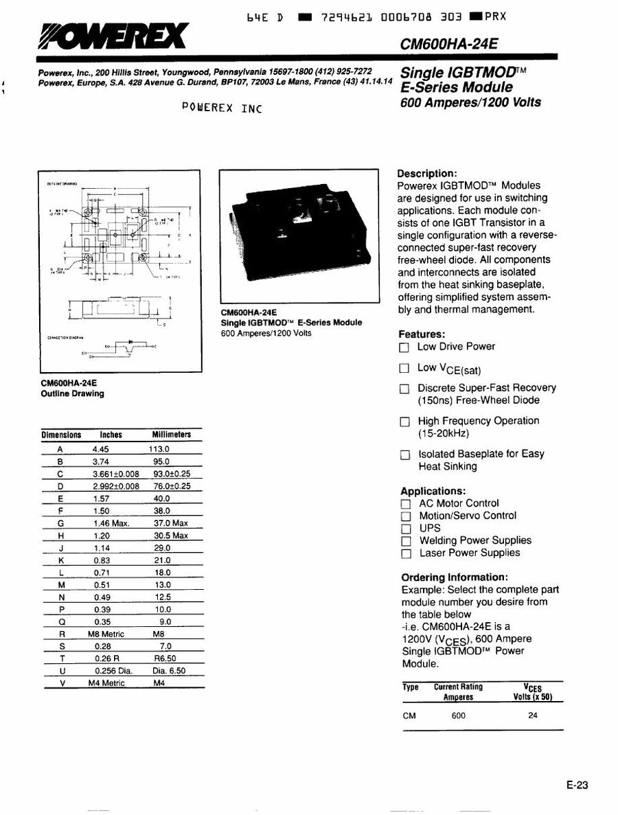 CM600HA-24E, Mitsubishi, Power Transistor Module