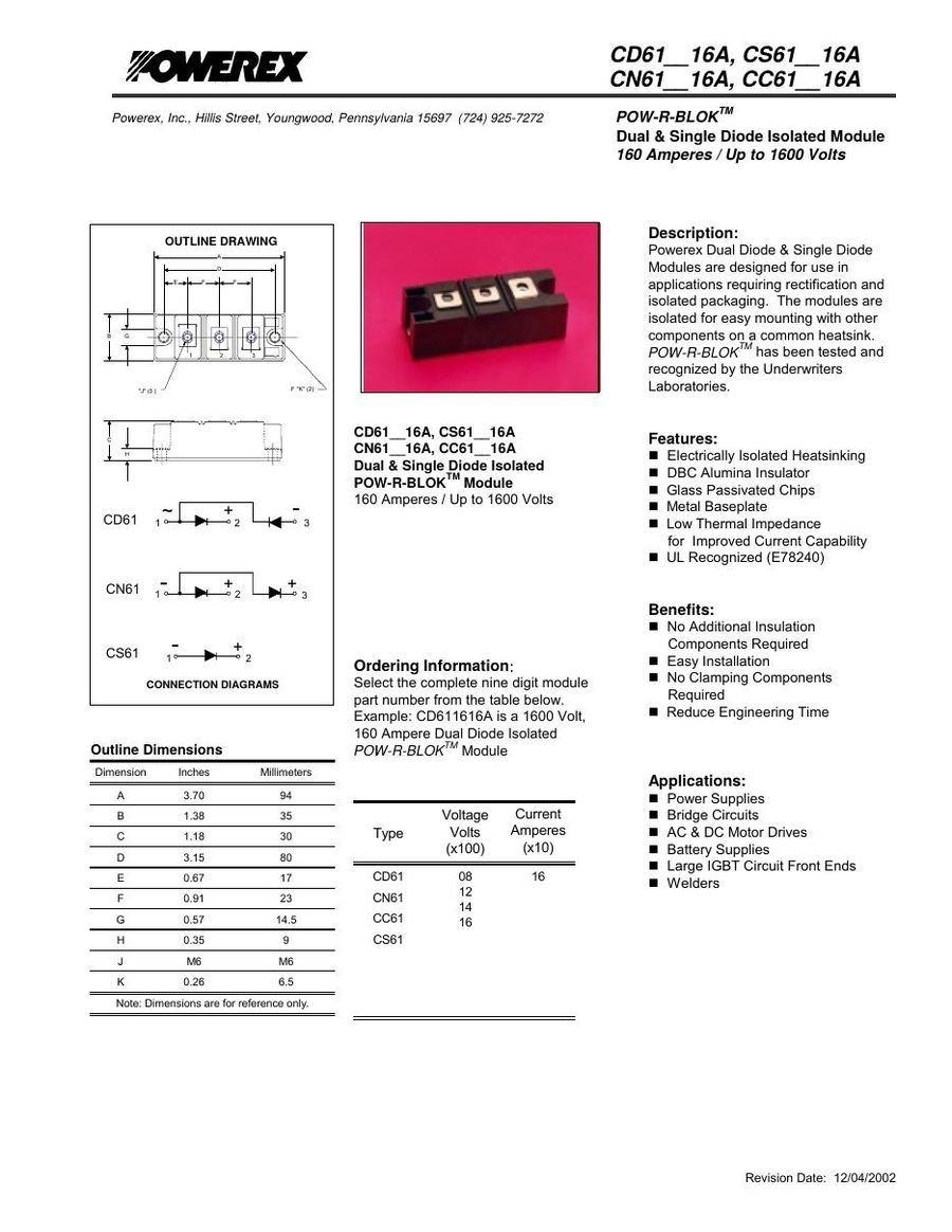 CN611616A Mitsubishi Thyristor & SCR Modules
