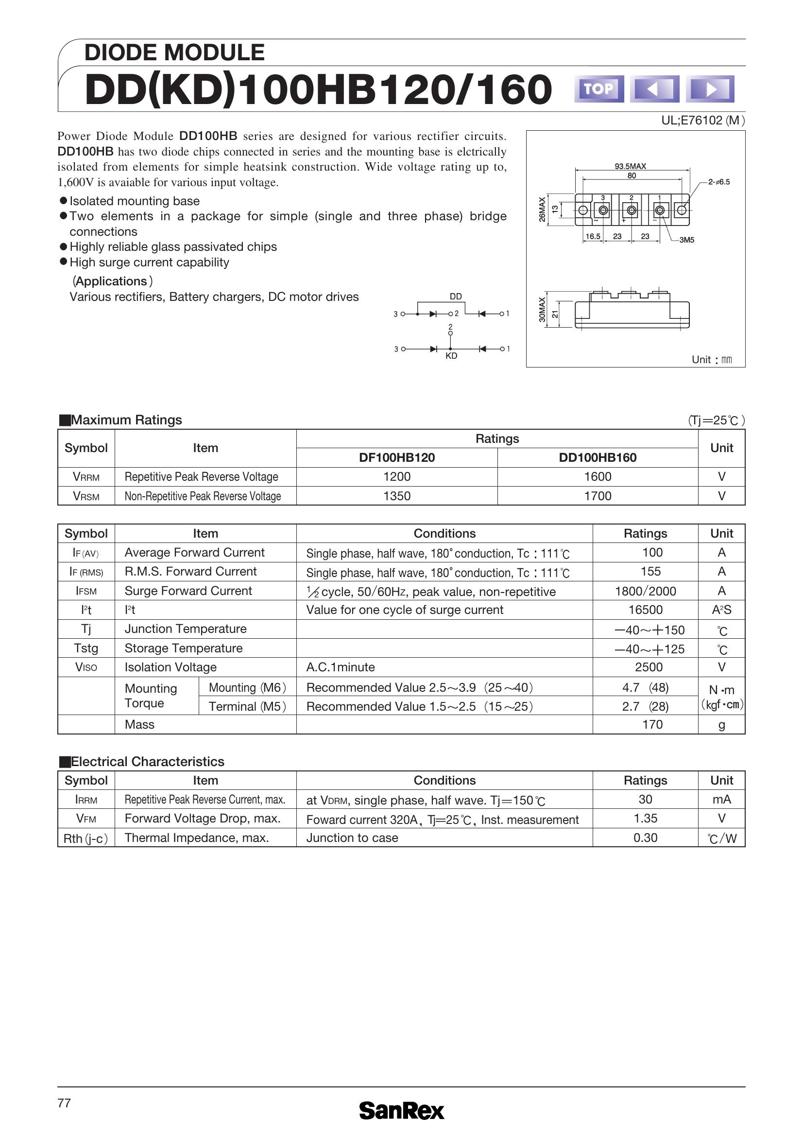 DD100HB120 SanRex Diode & Rectifier Modules