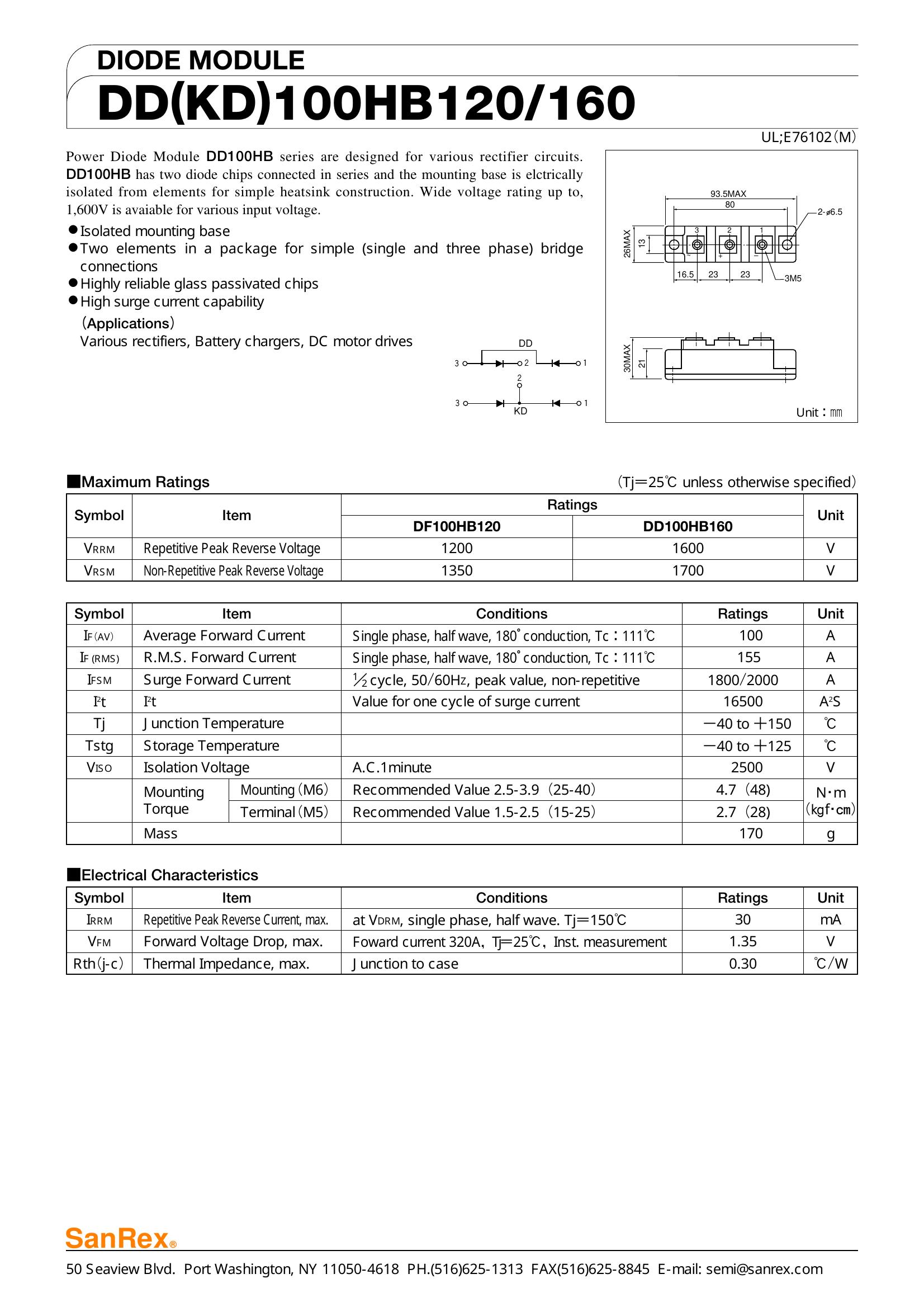 DD100HB160 SanRex Diode & Rectifier Modules