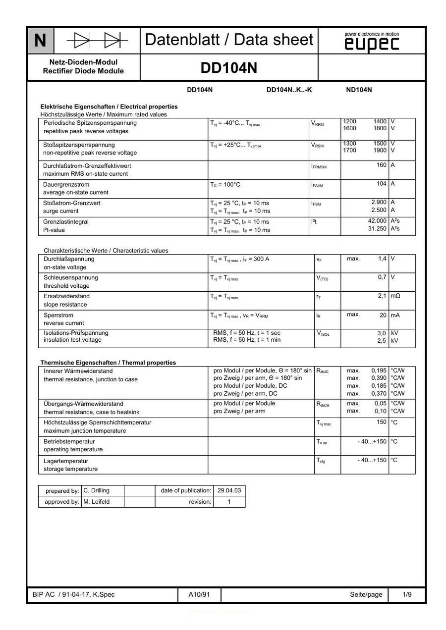 DD104N14 Infineon (Eupec) Diode & Rectifier Modules