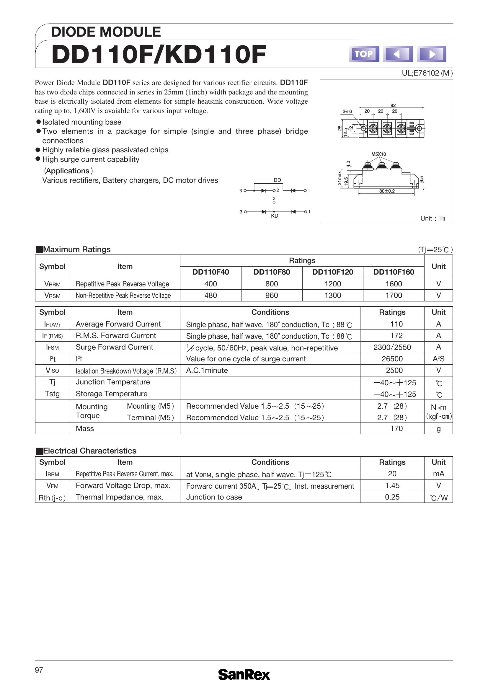 DD110F160 SanRex Diode & Rectifier Modules