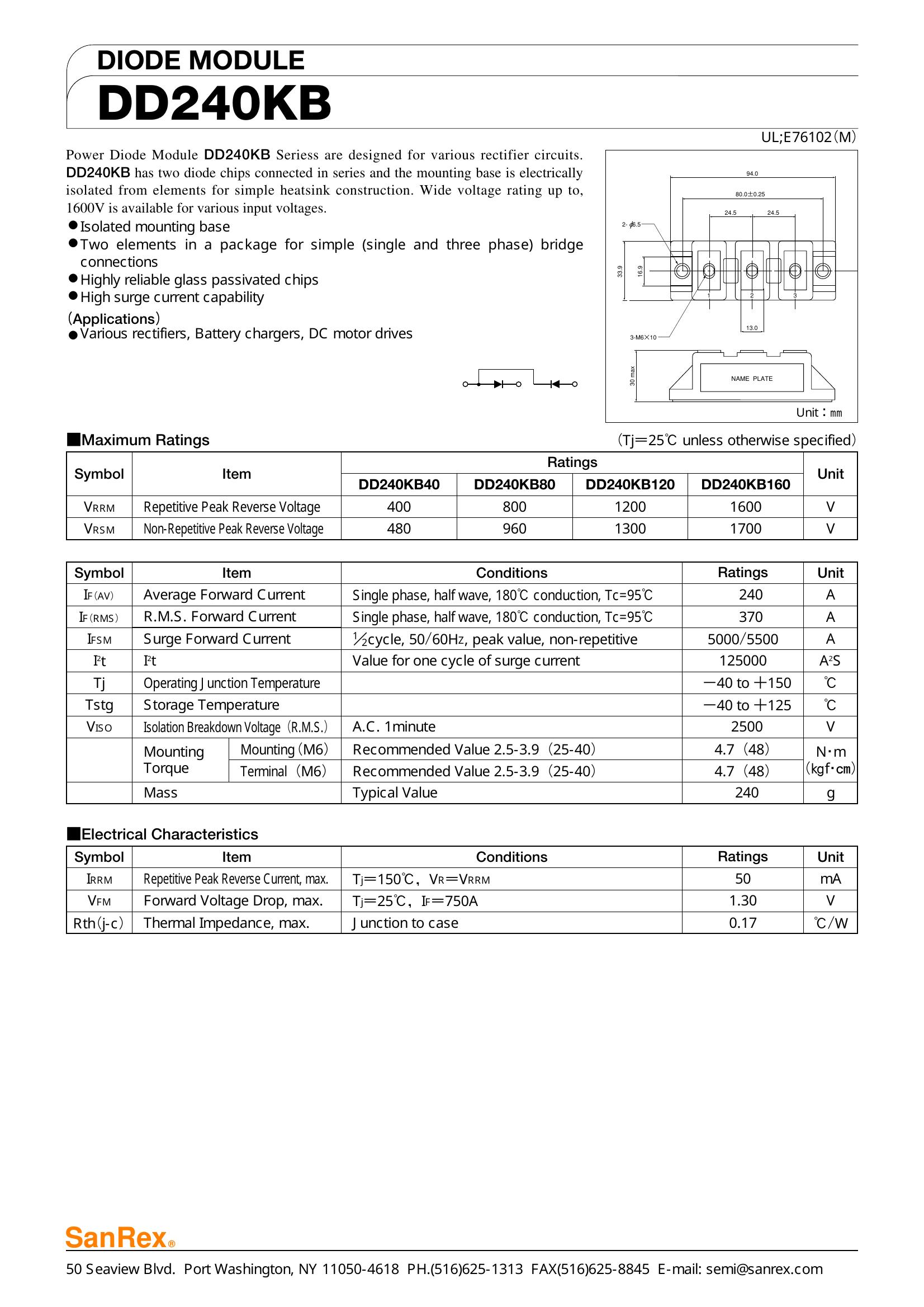 DD240KB160 SanRex Diode Module