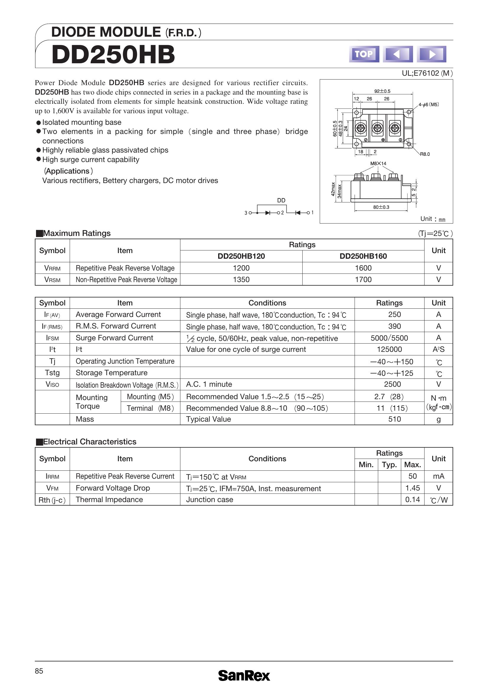 DD250HB160 SanRex Diode & Rectifier Modules