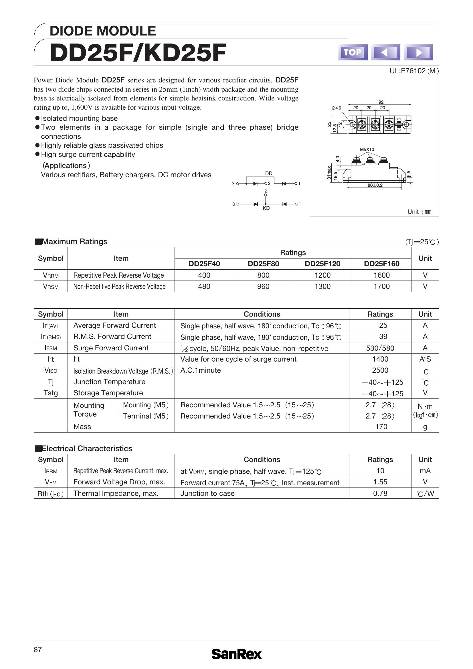 DD25F160 SanRex Diode & Rectifier Modules