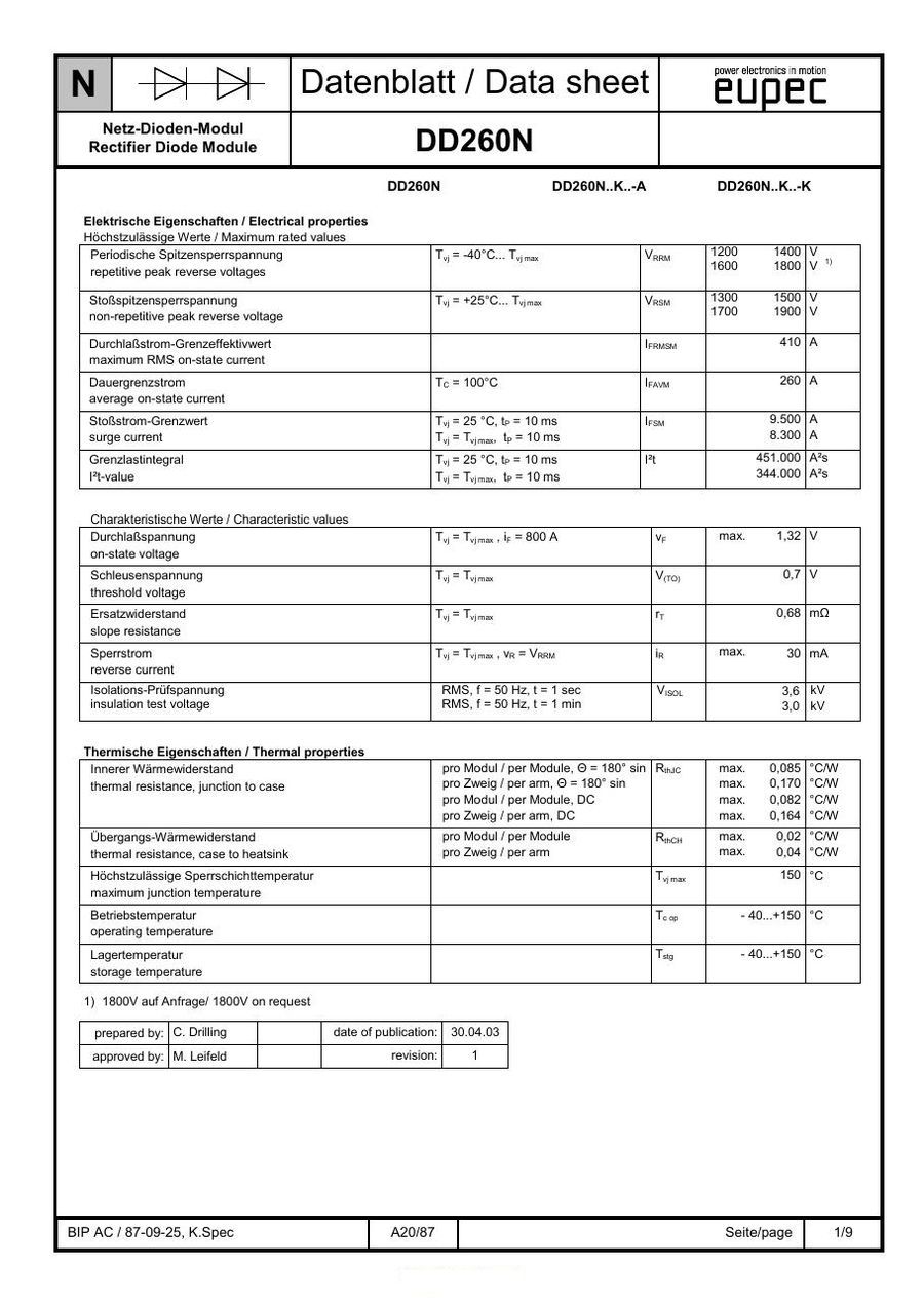 DD260N16 Infineon (Eupec) Diode & Rectifier Modules