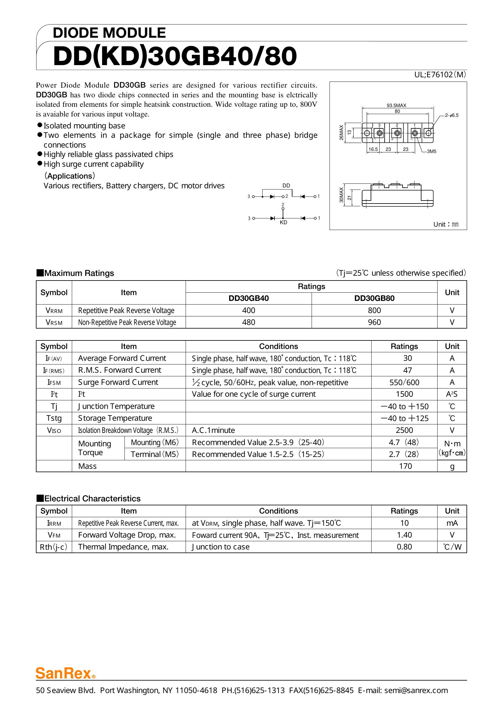 DD30GB80 SanRex Diode & Rectifier Modules