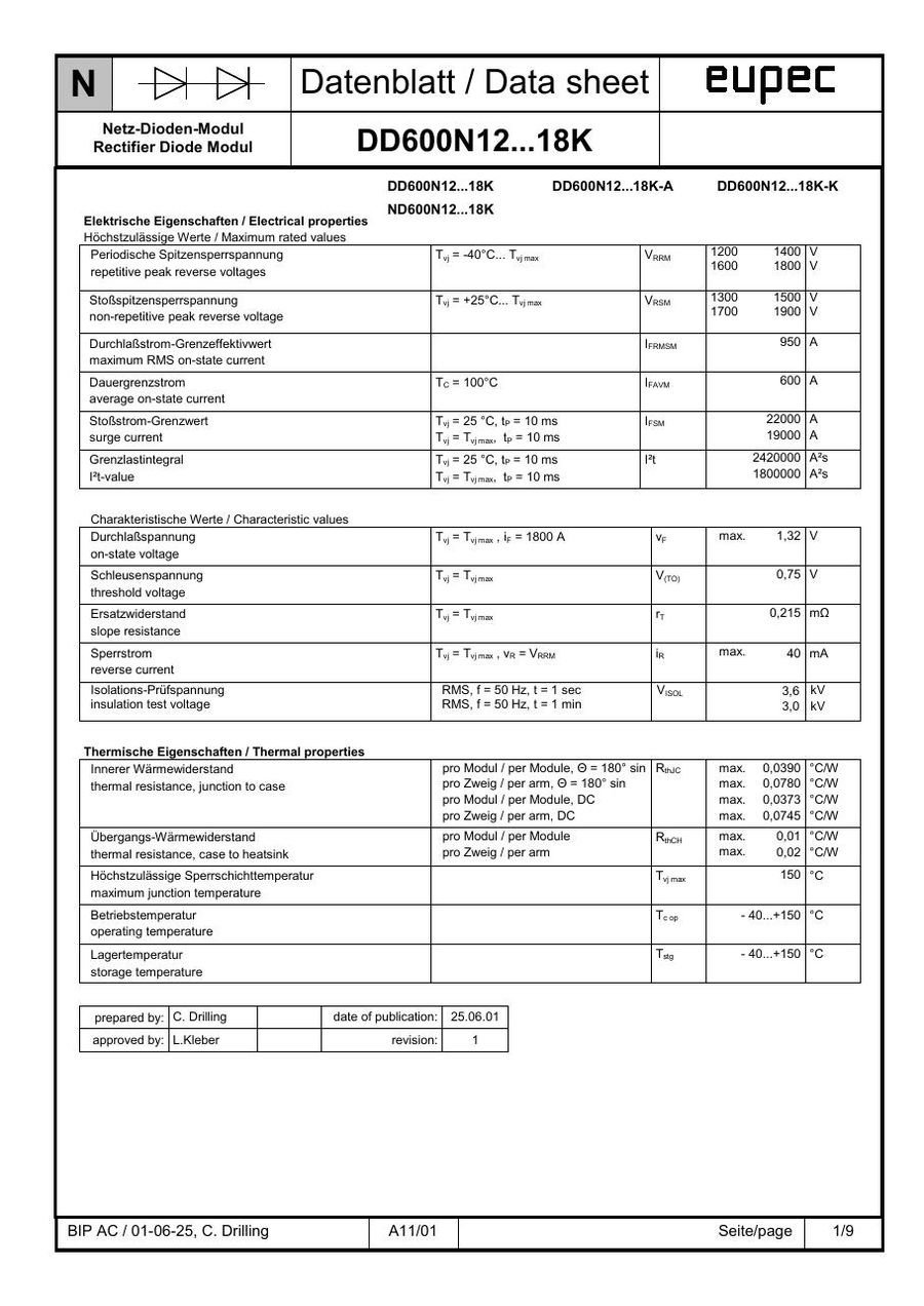 DD600N12 Infineon (Eupec) Diode & Rectifier Modules