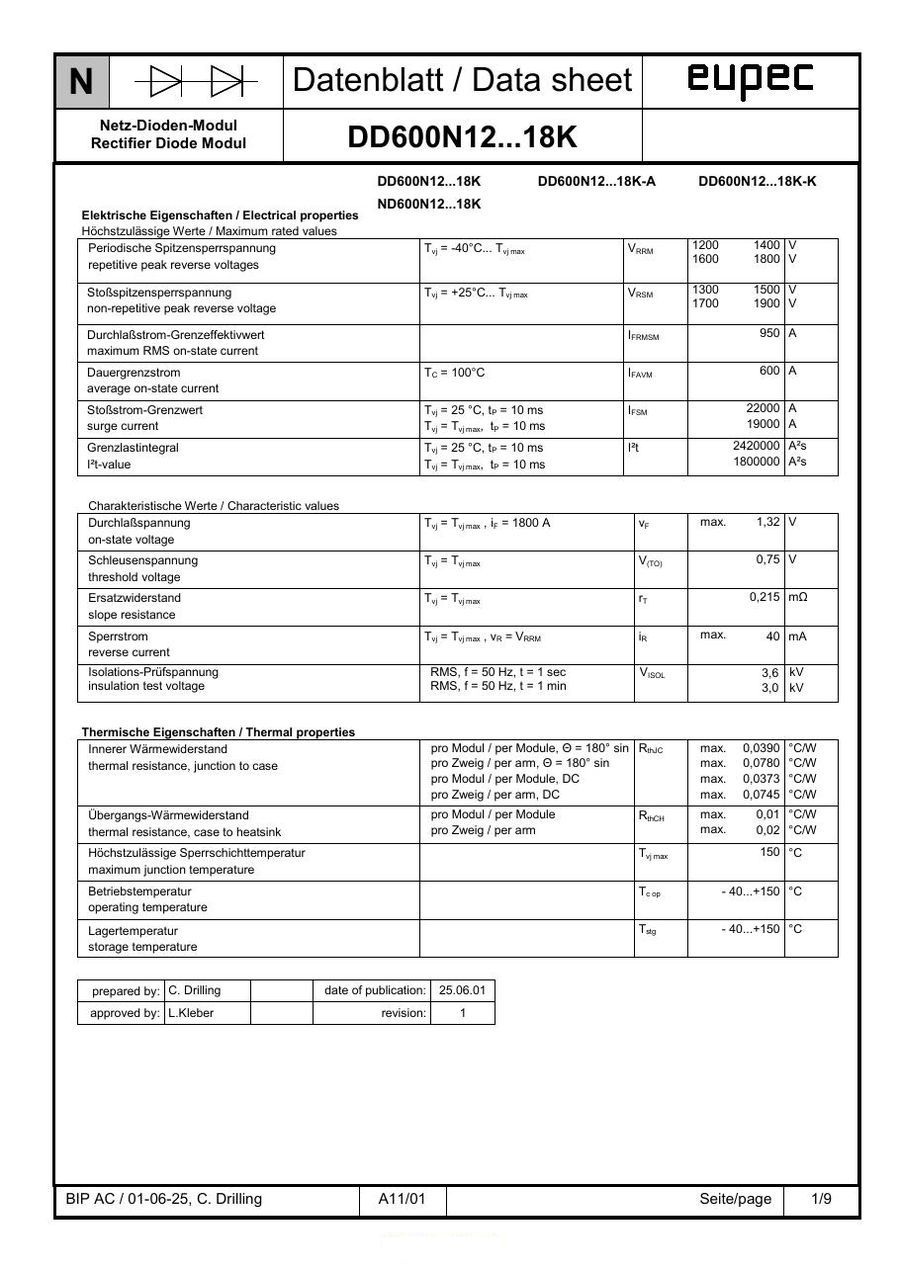 DD600N14 Infineon (Eupec) Diode & Rectifier Modules