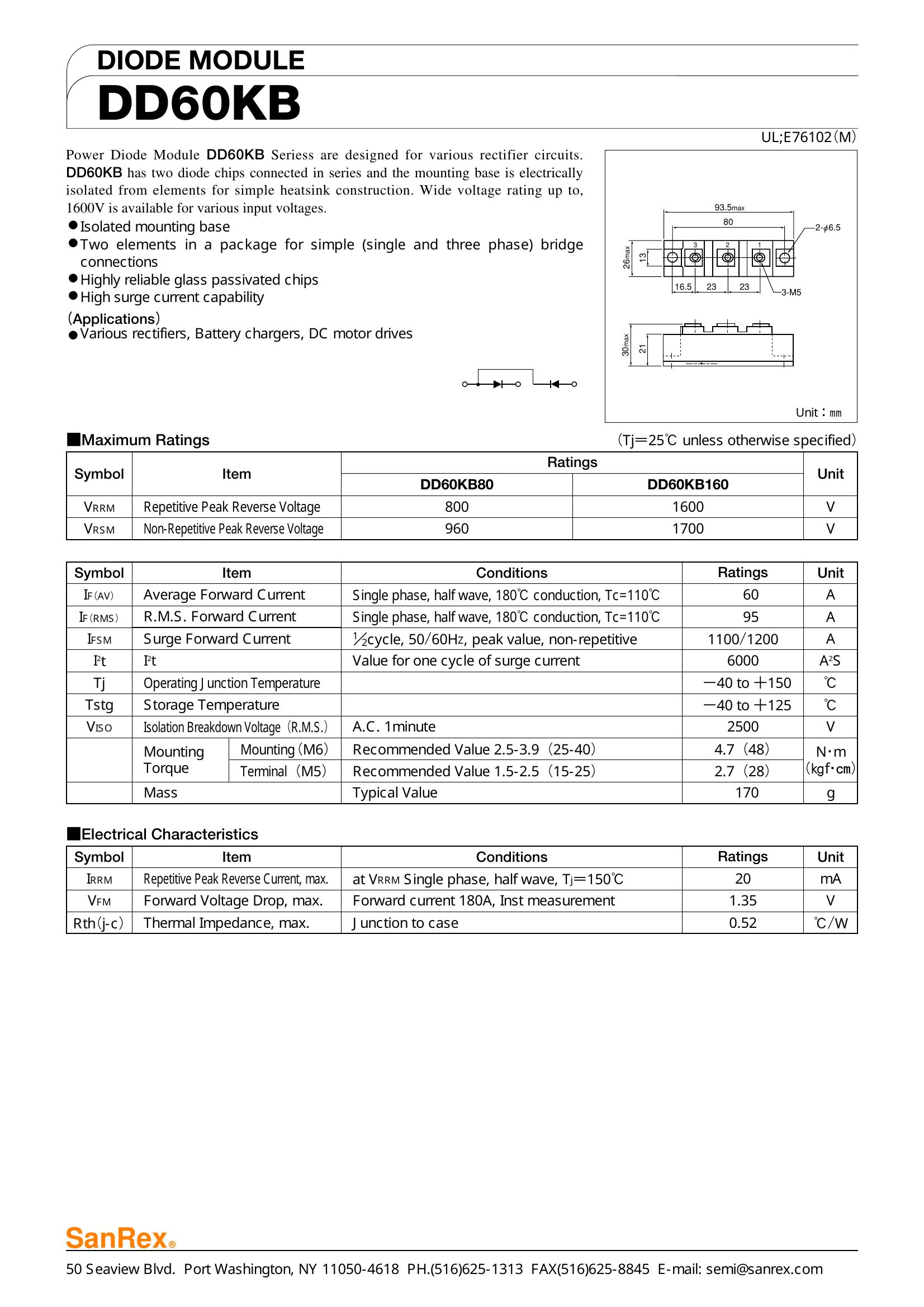 DD60KB80 SanRex Diode & Rectifier Modules