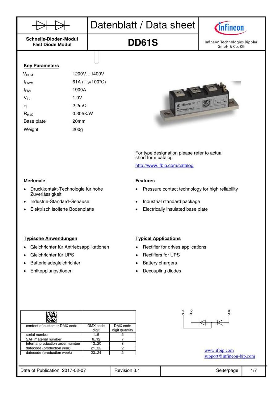 DD61S16 Infineon (Eupec) Diode & Rectifier Modules