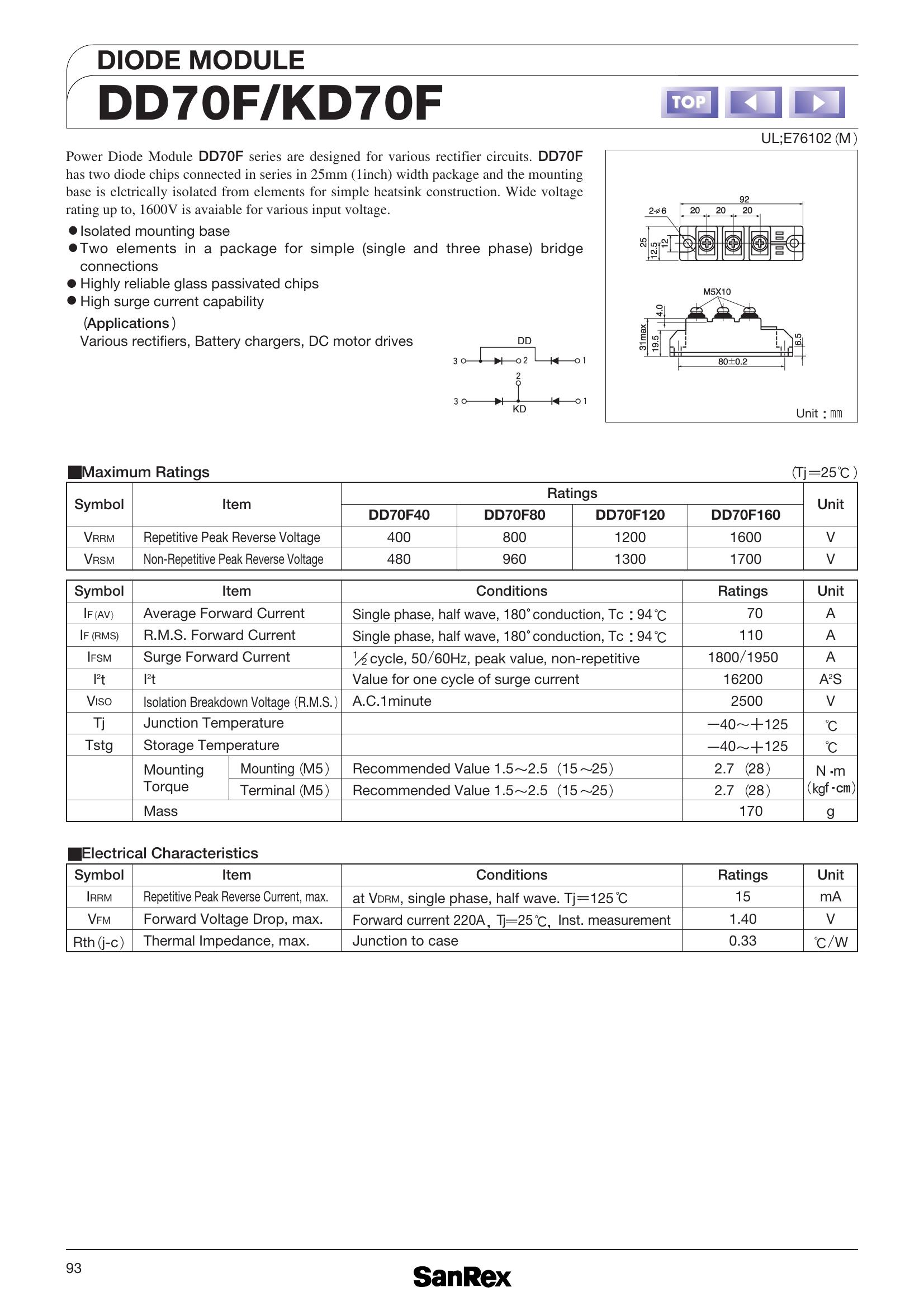DD70F80 SanRex Diode & Rectifier Modules