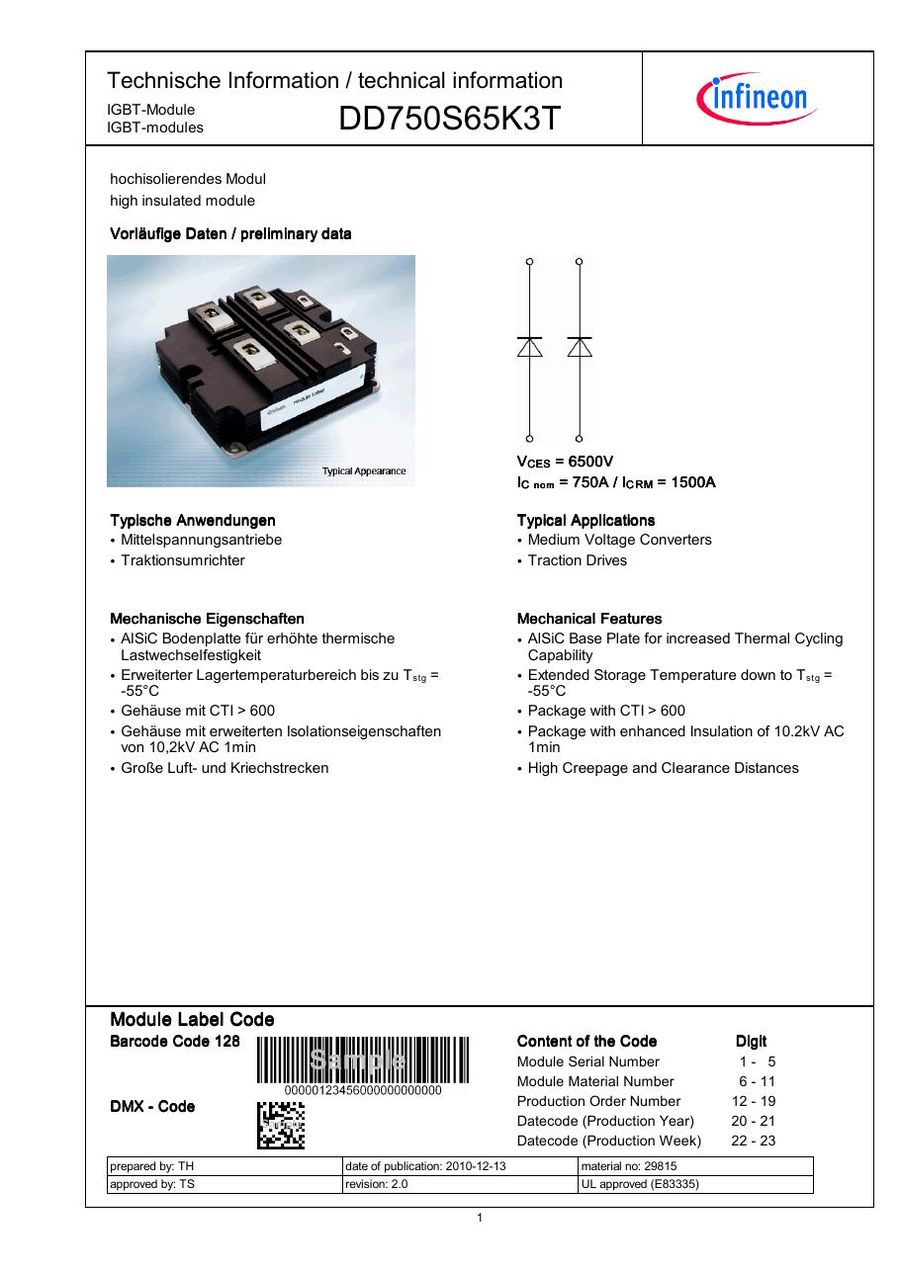DD750S65K3T Diode Module from Eupec Infineon