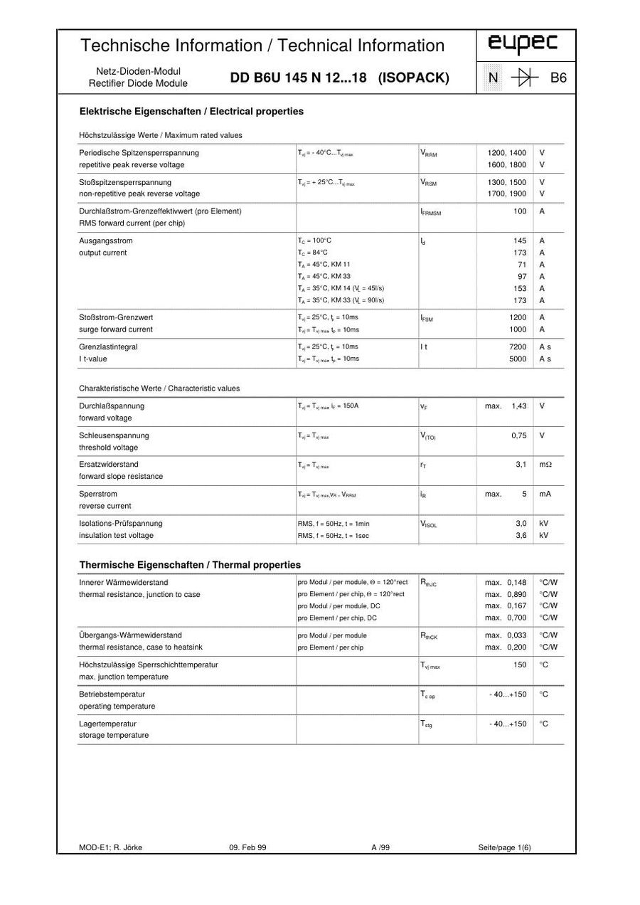 DDB6U145N12 Infineon (Eupec) Bridge Rectifiers