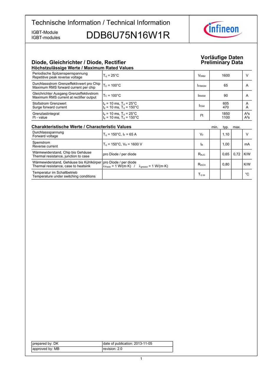 DDB6U75N16W1R Diode Bridge from Eupec Infineon