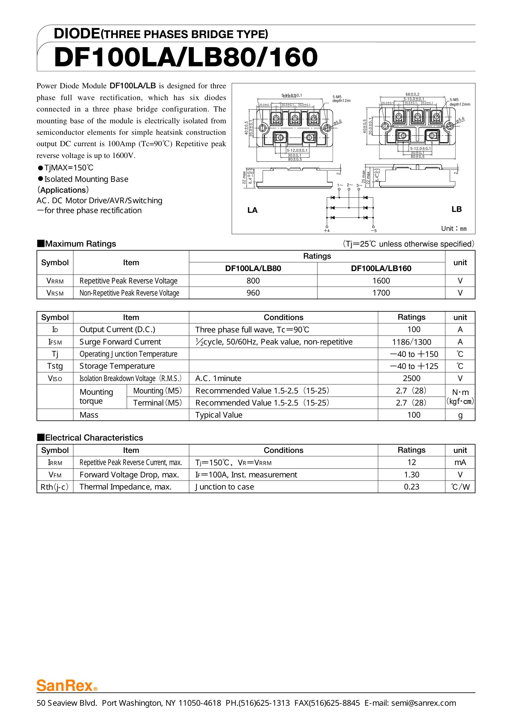DF100LA80 SanRex Bridge Rectifiers