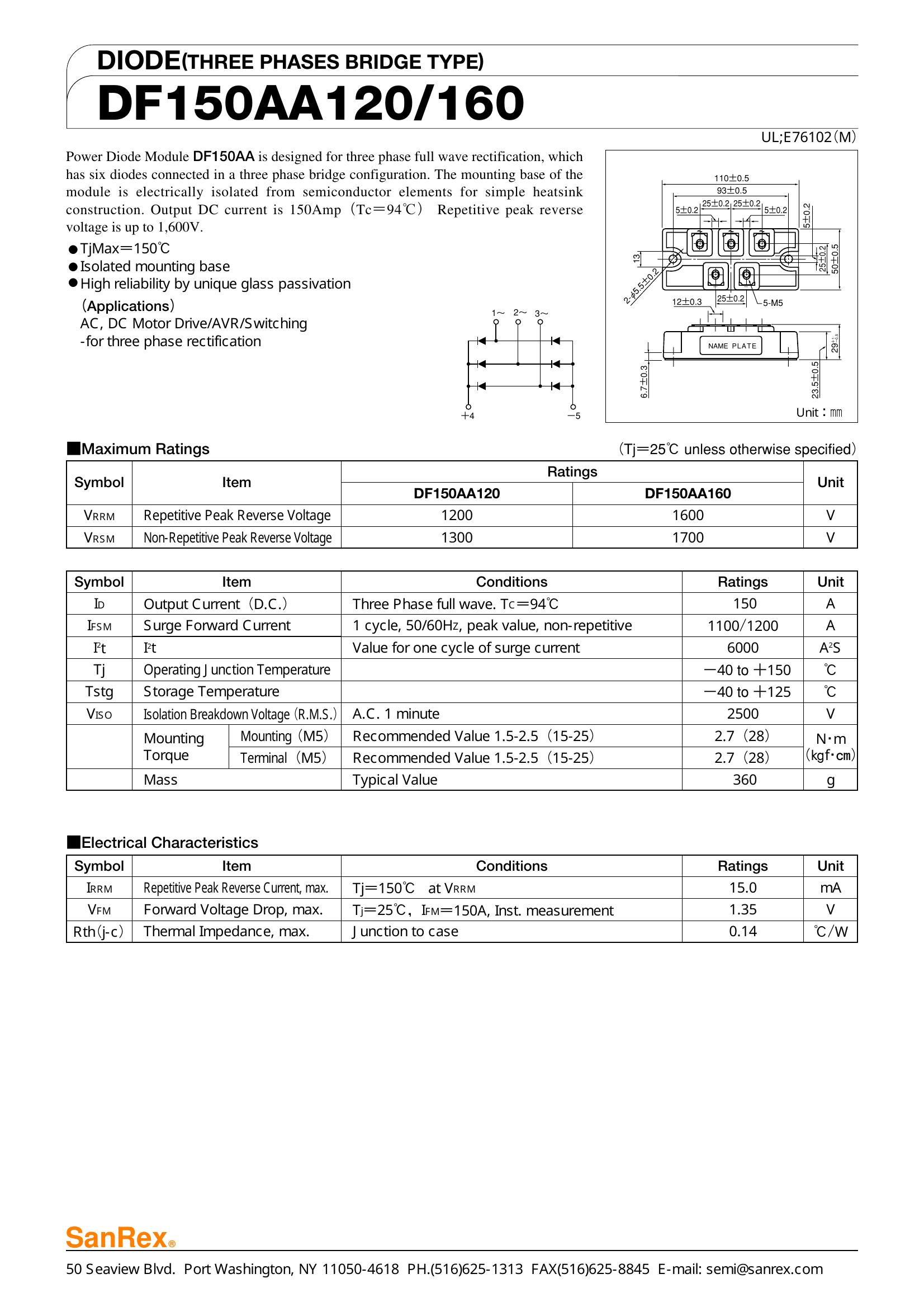 DF150AA1600J22R SanRex Bridge Rectifiers