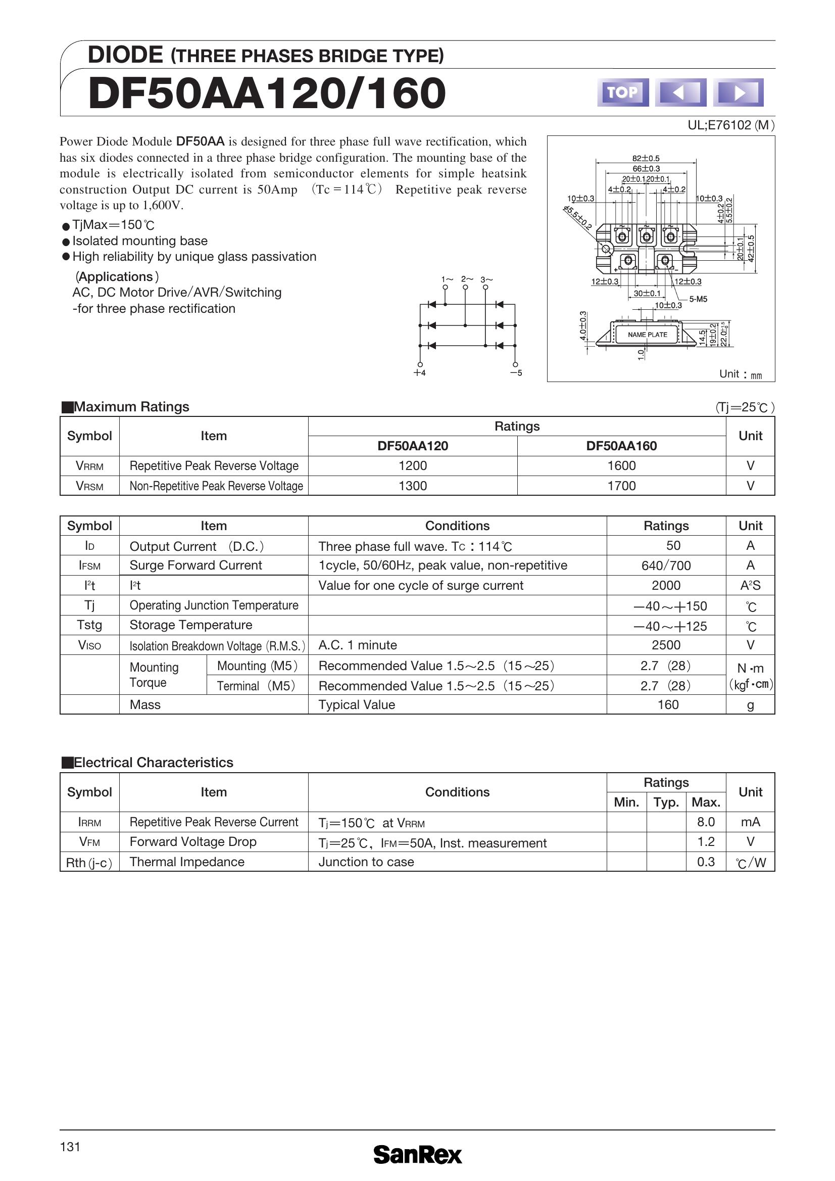 DF50AA160 SanRex Bridge Rectifiers