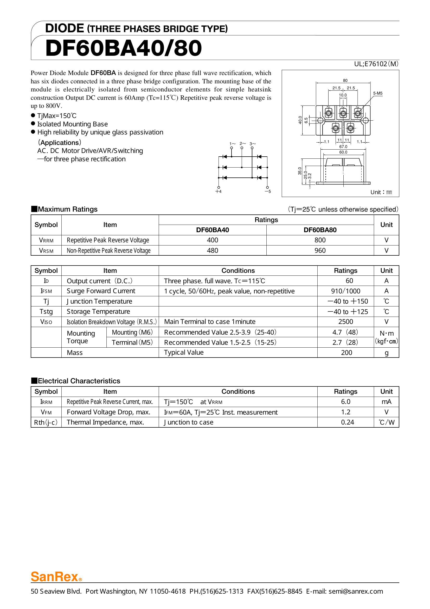 DF60BA40 SanRex Bridge Rectifiers