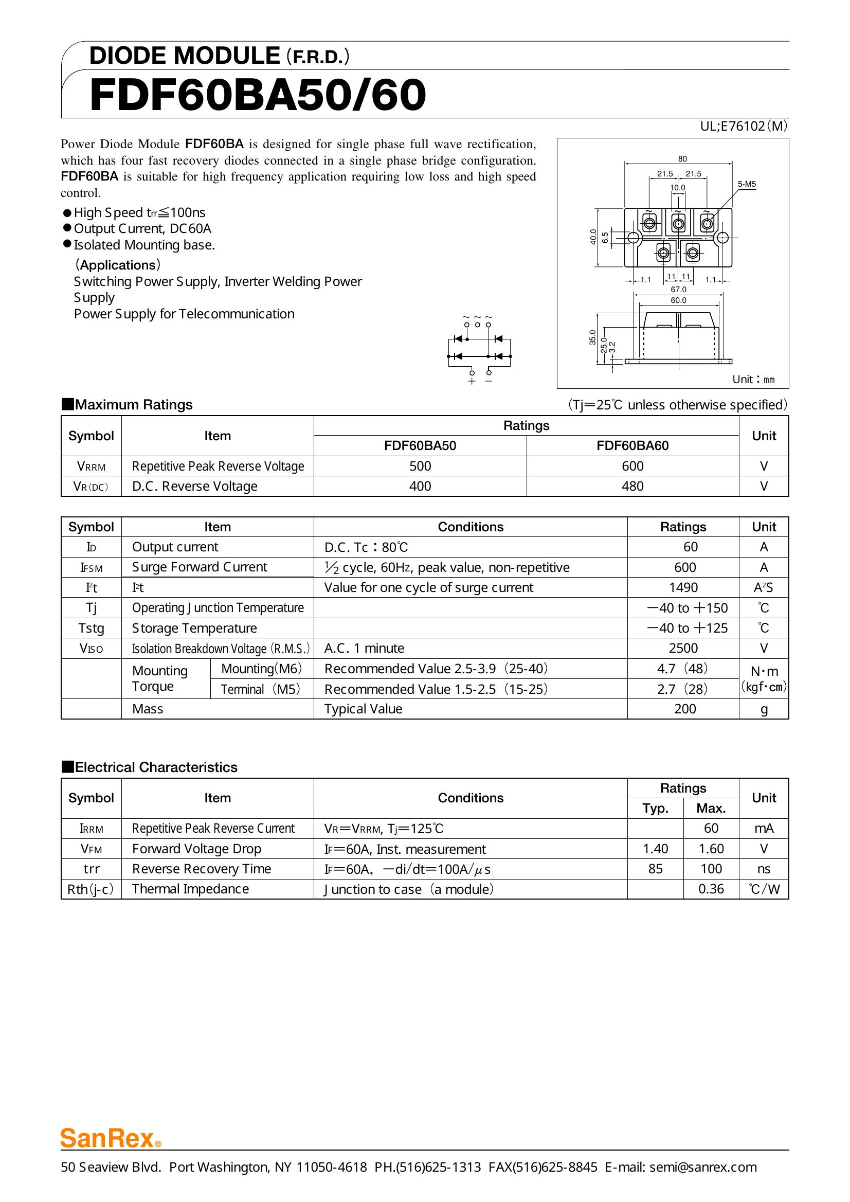 DF60BA60 SanRex Diode & Rectifier Modules