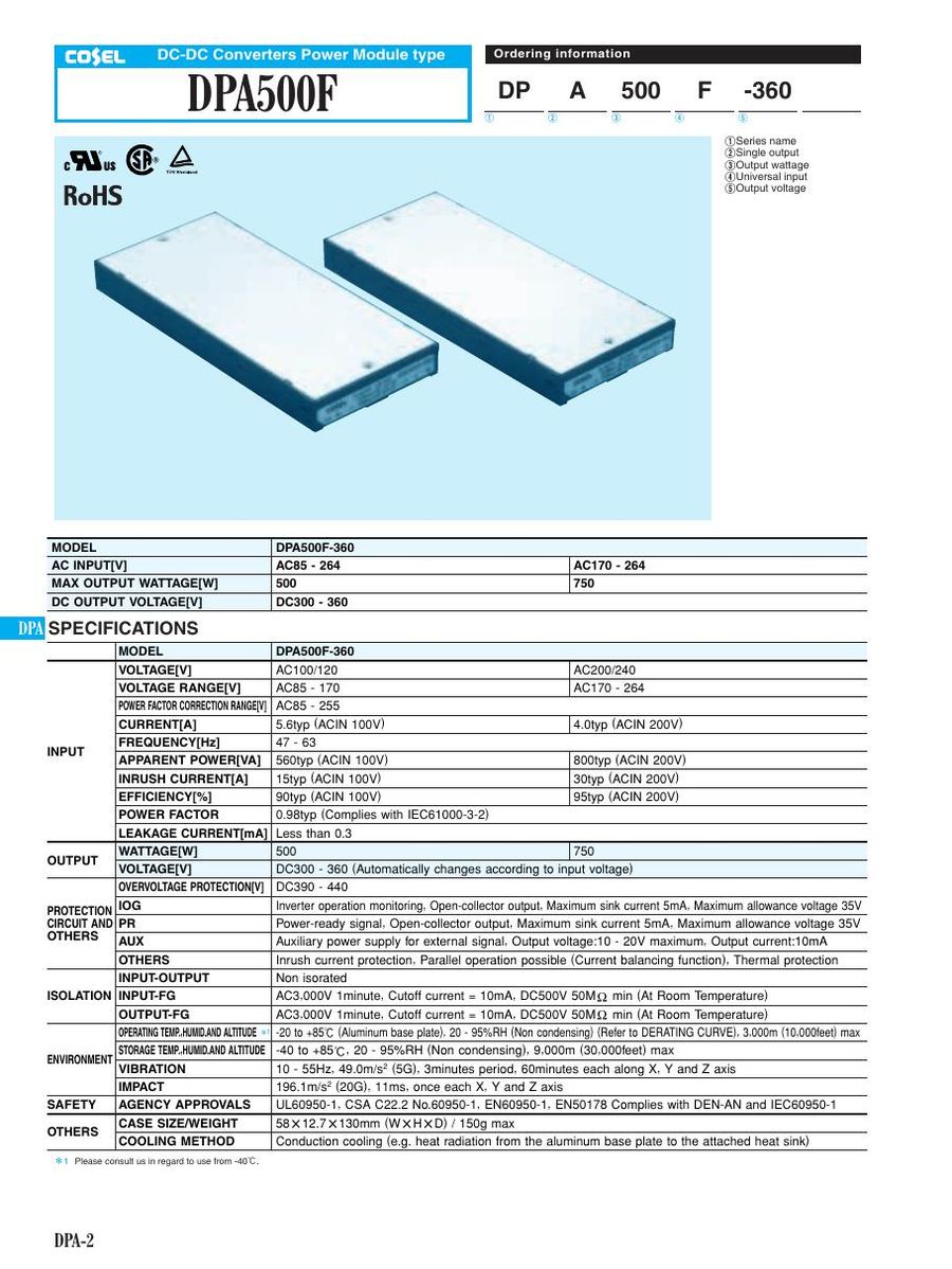 DPA500F-360 Cosel Power Supplies & DC-DC Converters