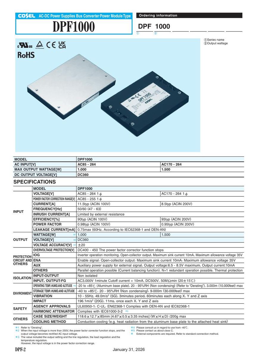 DPF1000 Cosel Power Supplies & DC-DC Converters