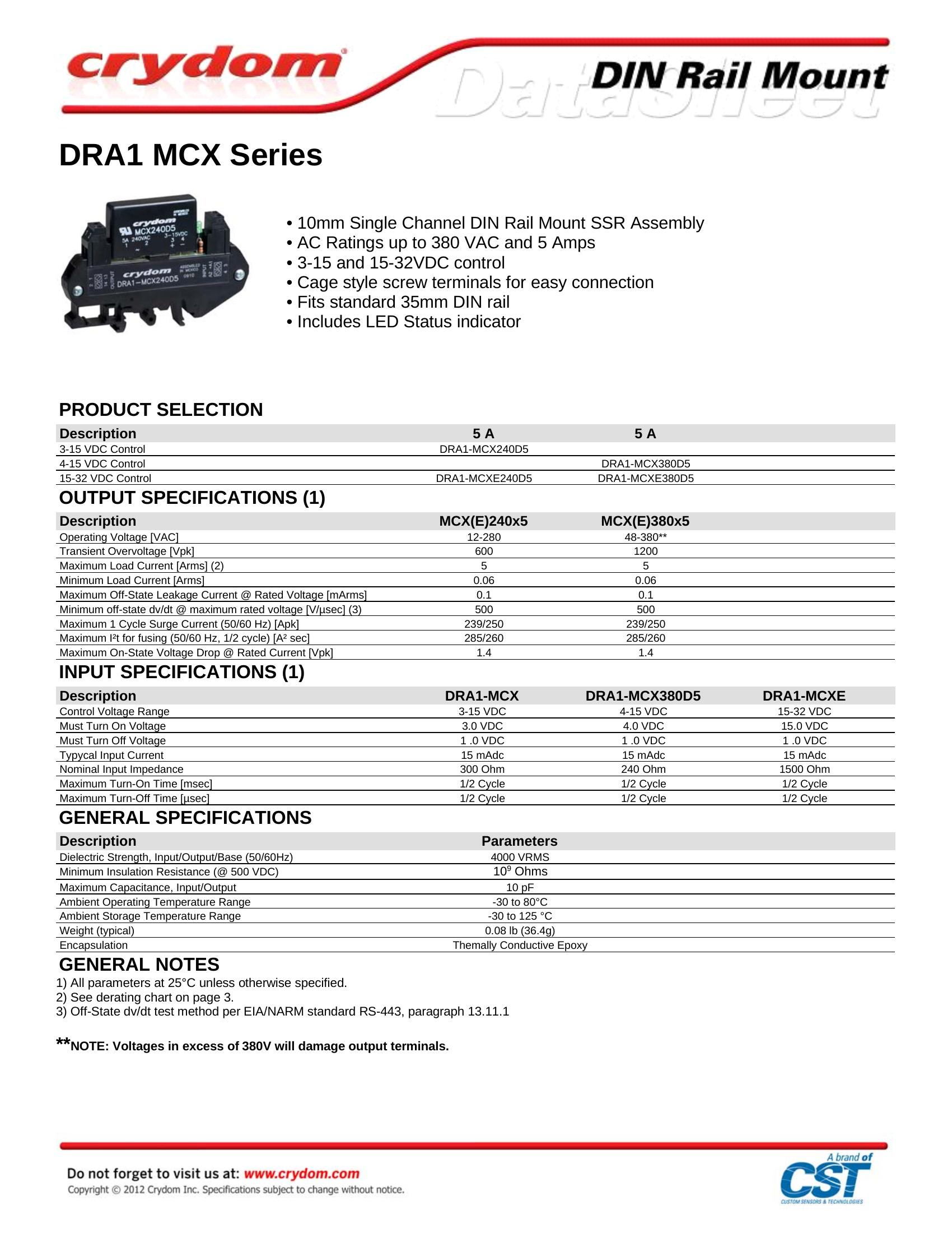 DRA1-MCXE380D5 Crydom Solid State Relays & I/O Modules