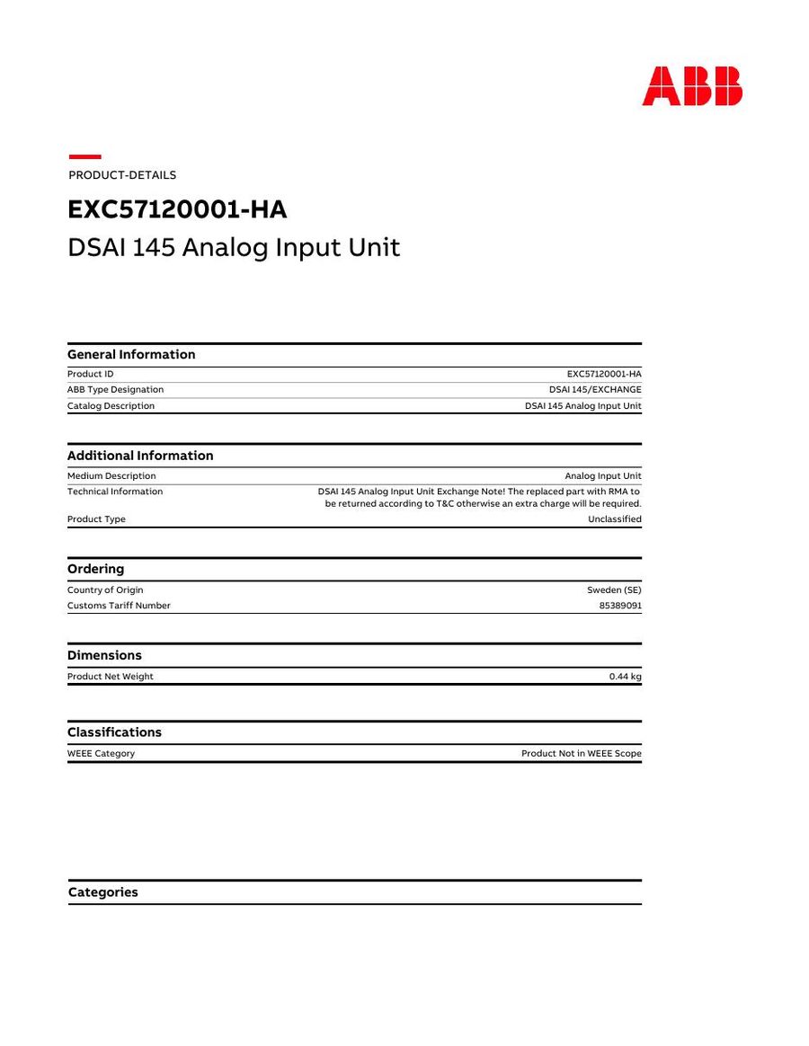 DSAI145, ABB, Analog Input Unit